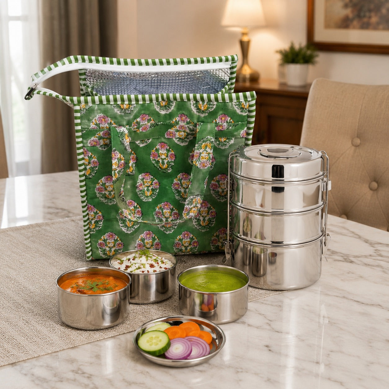 Handblock Printed Insulated Lunch Bag in Canvas Cotton with Zipper Closure (10*14*5  inches)