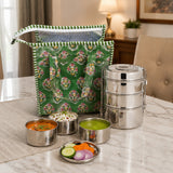 Handblock Printed Insulated Lunch Bag in Canvas Cotton with Zipper Closure (10*14*5  inches)