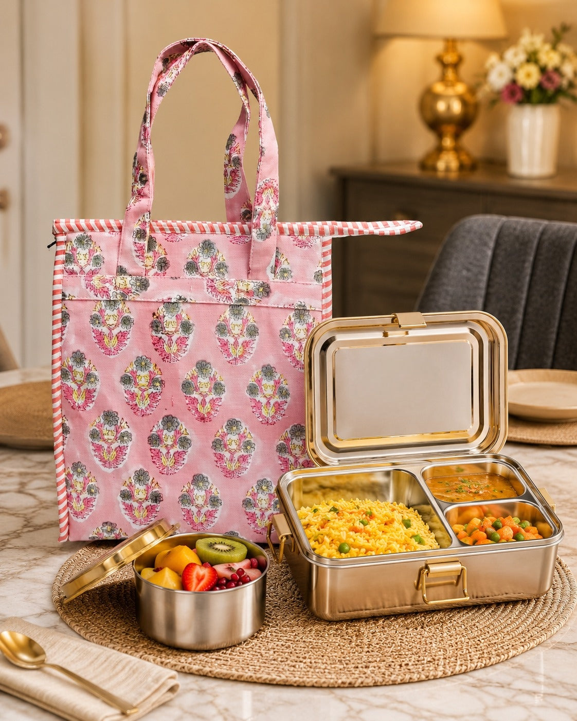 Handblock Printed Insulated Lunch Bag in Canvas Cotton with Zipper Closure (10*14*5  inches)