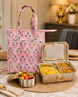 Handblock Printed Insulated Lunch Bag in Canvas Cotton with Zipper Closure (10*14*5  inches)