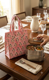 Handblock Printed Insulated Lunch Bag in Canvas Cotton with Zipper Closure (10*14*5  inches)