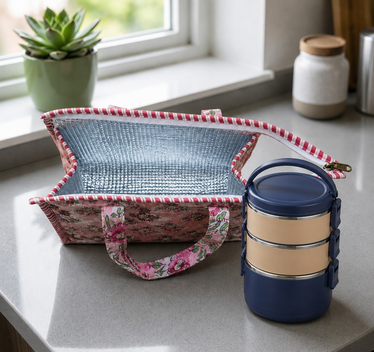 Handblock Printed Insulated Lunch Bag in Canvas Cotton with Zipper Closure (10*14*5  inches)