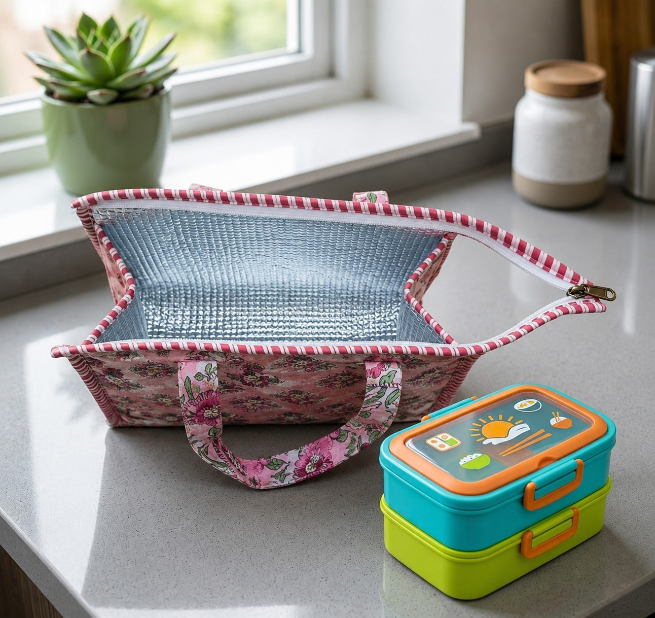 Handblock Printed Insulated Lunch Bag in Canvas Cotton with Zipper Closure (10*14*5  inches)