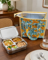 Handblock Printed Insulated Lunch Bag in Canvas Cotton with Zipper Closure (10*14*5  inches)