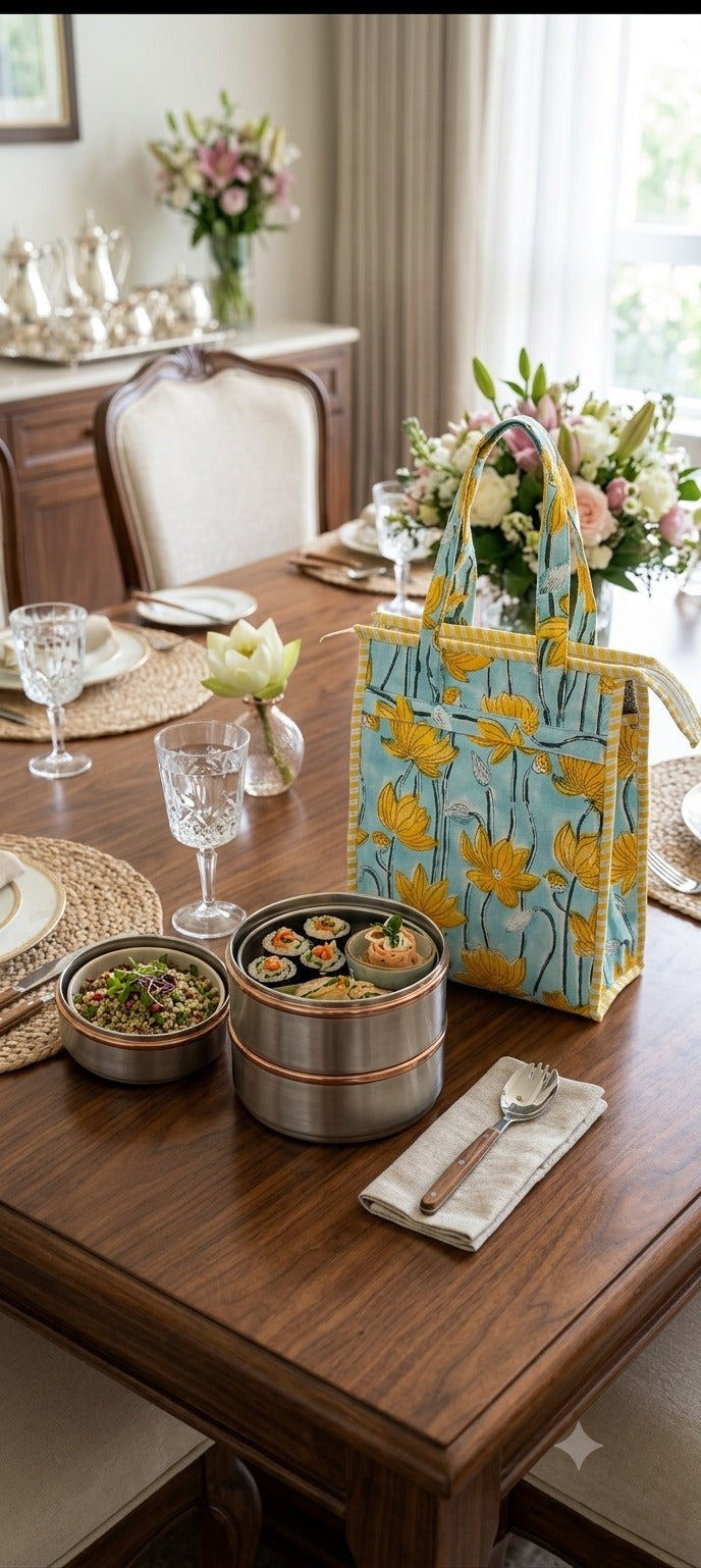 Handblock Printed Insulated Lunch Bag in Canvas Cotton with Zipper Closure (10*14*5  inches)
