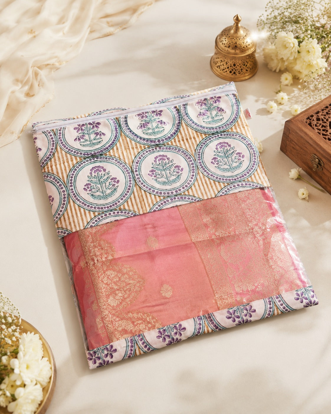 Handblock Printed Cotton Multi-Purpose Storage Pouch with Clear Window- Shoe & Clothing Organizer Bag- Set of 3/6