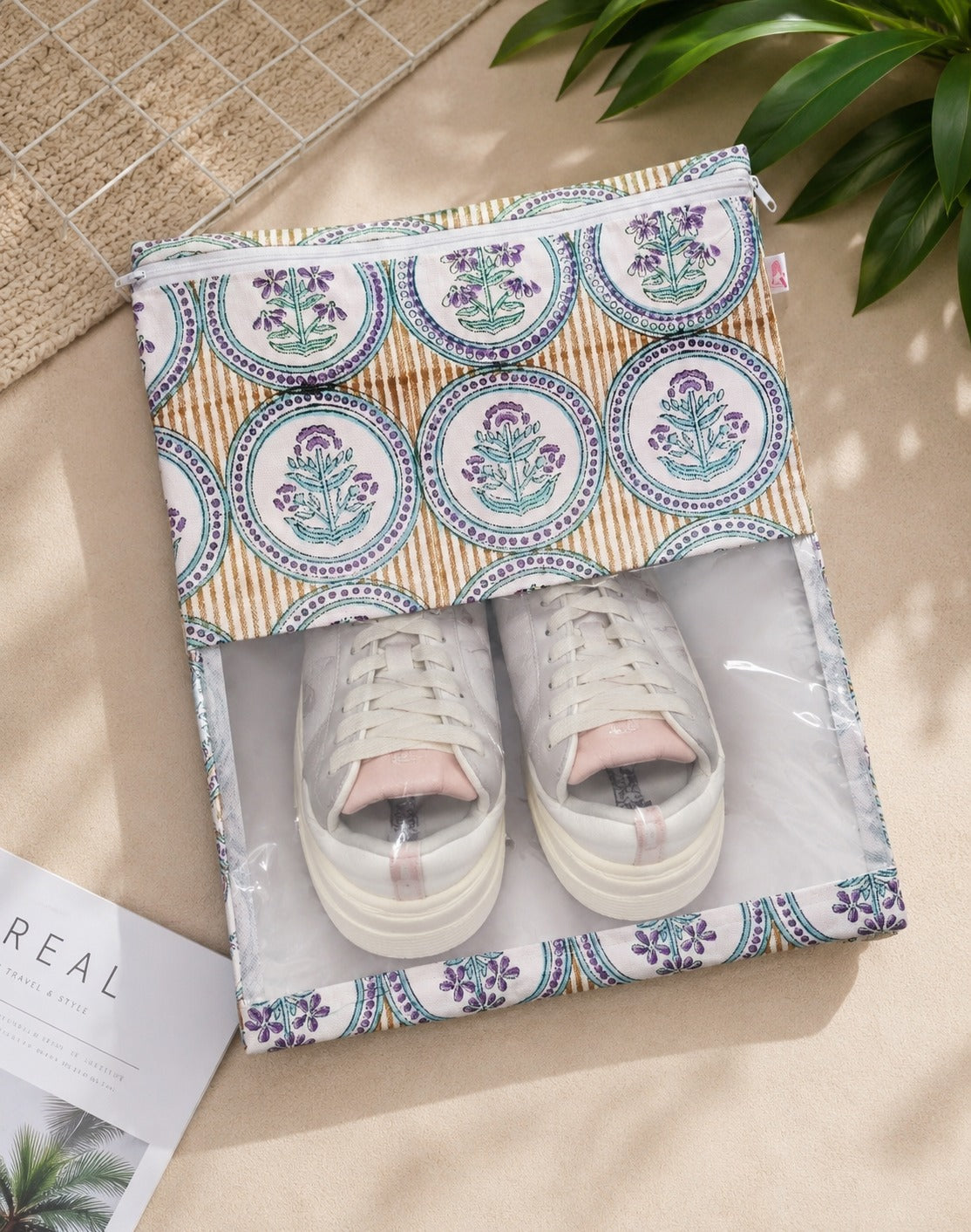 Handblock Printed Cotton Multi-Purpose Storage Pouch with Clear Window- Shoe & Clothing Organizer Bag- Set of 3/6