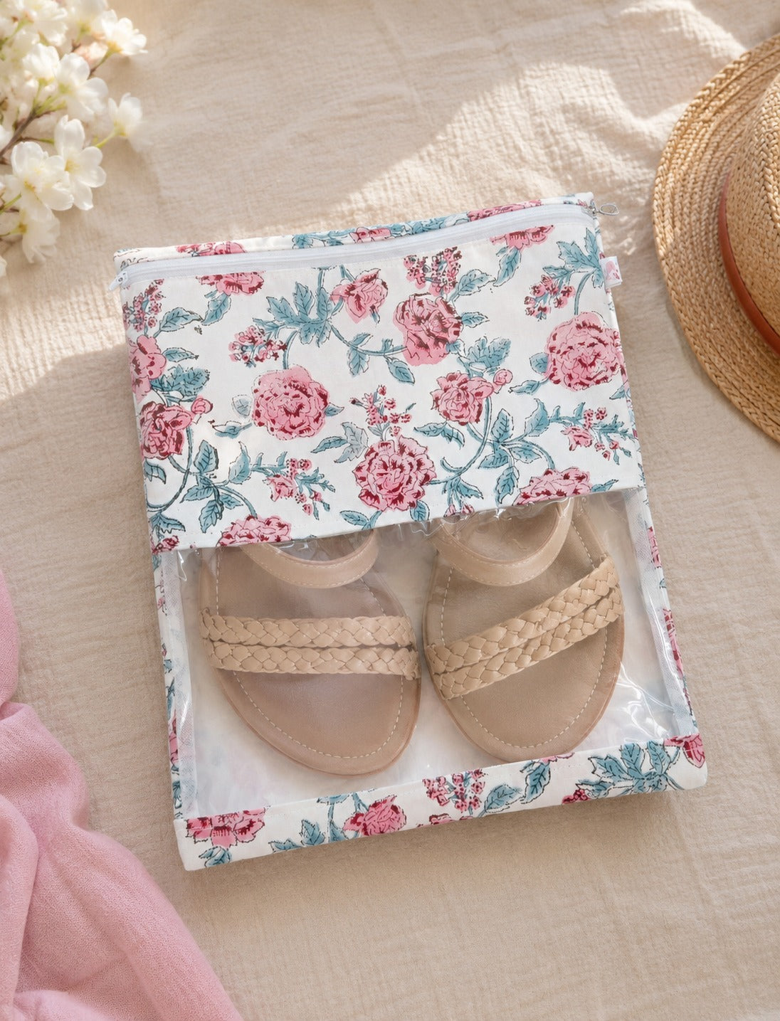 Handblock Printed Cotton Multi-Purpose Storage Pouch with Clear Window- Shoe & Clothing Organizer Bag- Set of 3/6