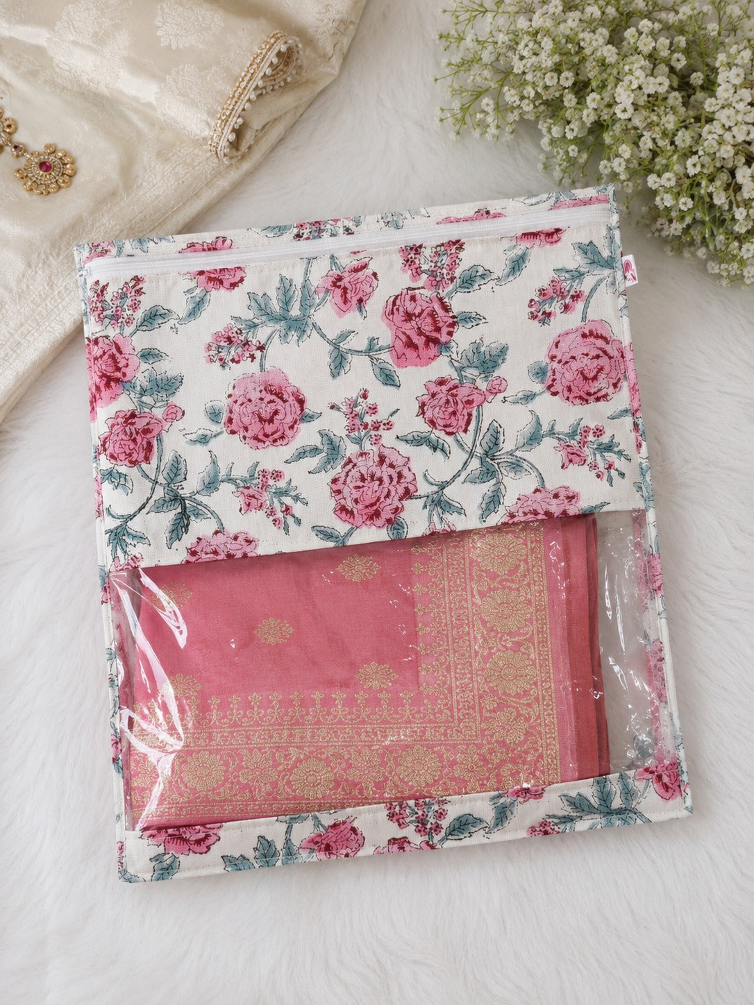 Handblock Printed Cotton Multi-Purpose Storage Pouch with Clear Window- Shoe & Clothing Organizer Bag- Set of 3/6