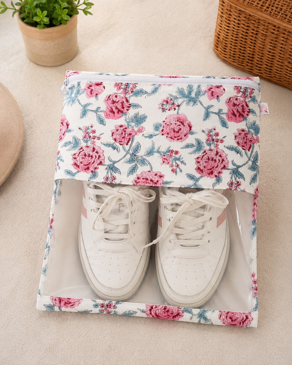 Handblock Printed Cotton Multi-Purpose Storage Pouch with Clear Window- Shoe & Clothing Organizer Bag- Set of 3/6