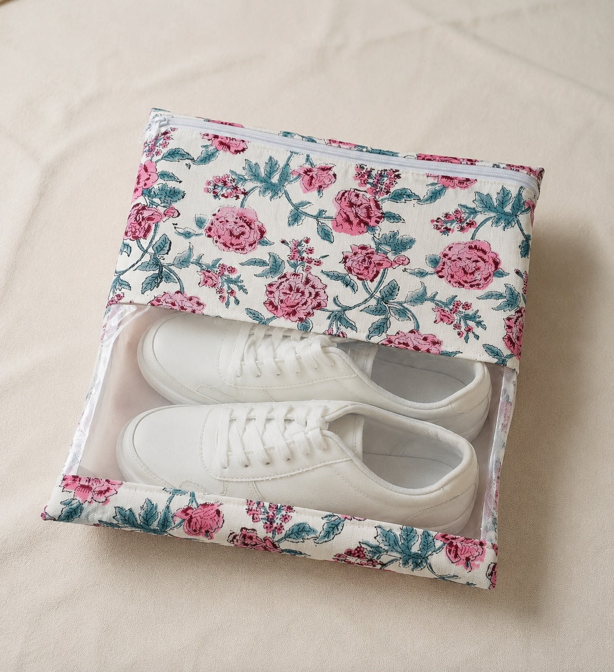 Handblock Printed Cotton Multi-Purpose Storage Pouch with Clear Window- Shoe & Clothing Organizer Bag- Set of 3/6