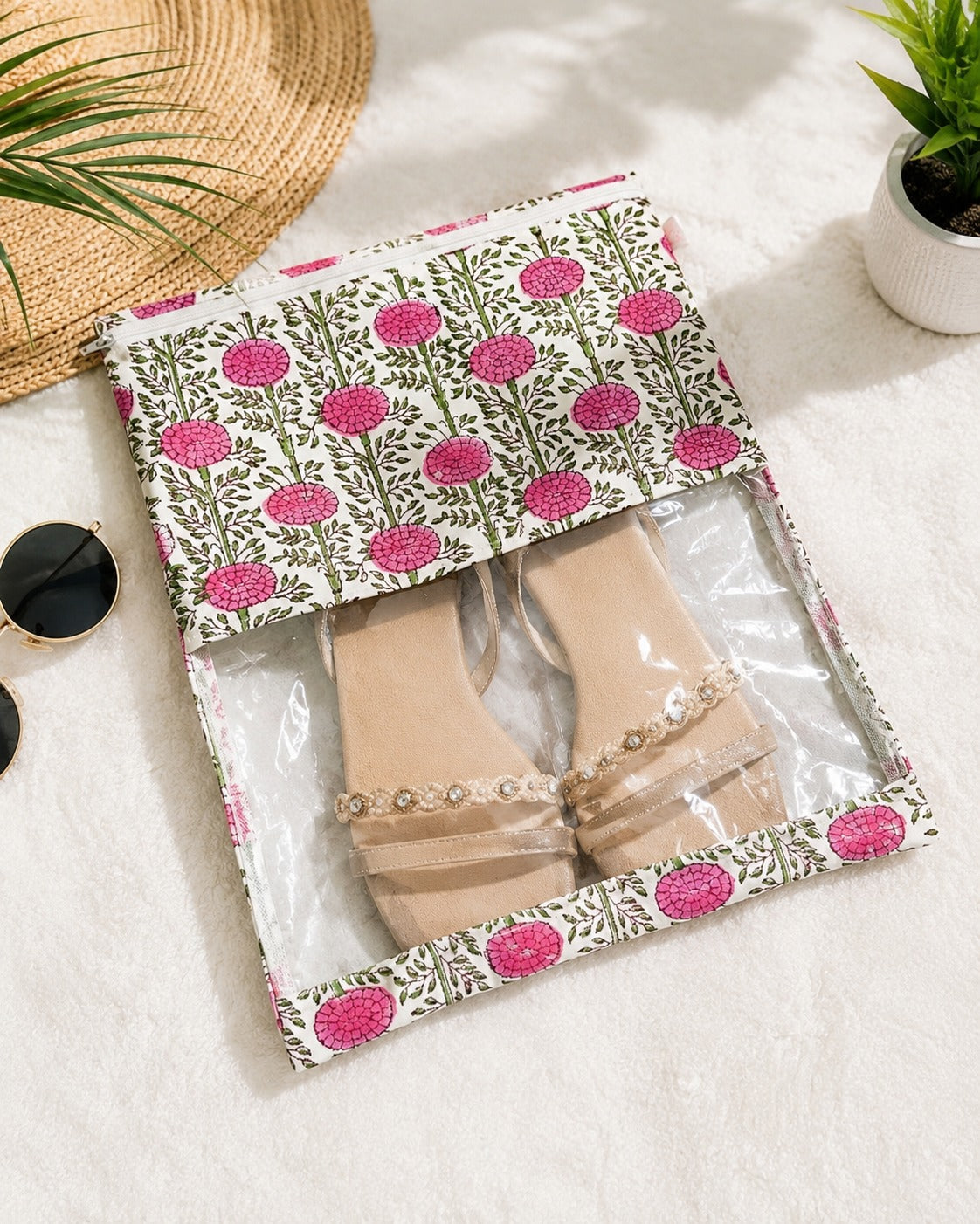 Handblock Printed Cotton Multi-Purpose Storage Pouch with Clear Window- Shoe & Clothing Organizer Bag- Set of 3/6