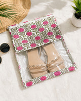 Handblock Printed Cotton Multi-Purpose Storage Pouch with Clear Window- Shoe & Clothing Organizer Bag- Set of 3/6