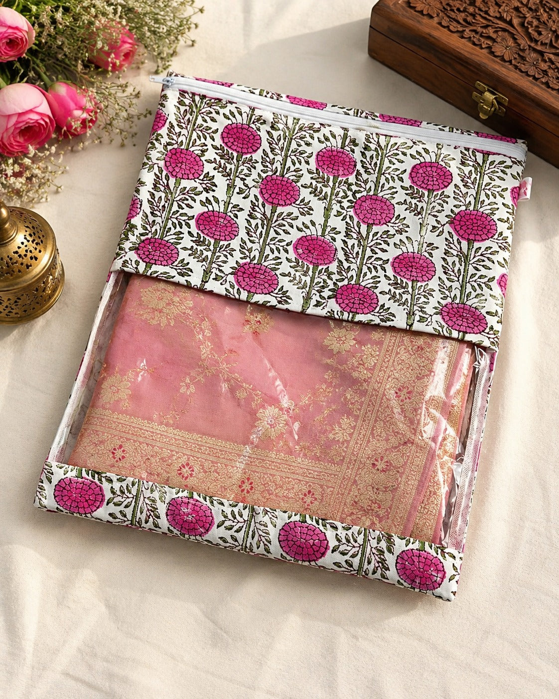 Handblock Printed Cotton Multi-Purpose Storage Pouch with Clear Window- Shoe & Clothing Organizer Bag- Set of 3/6