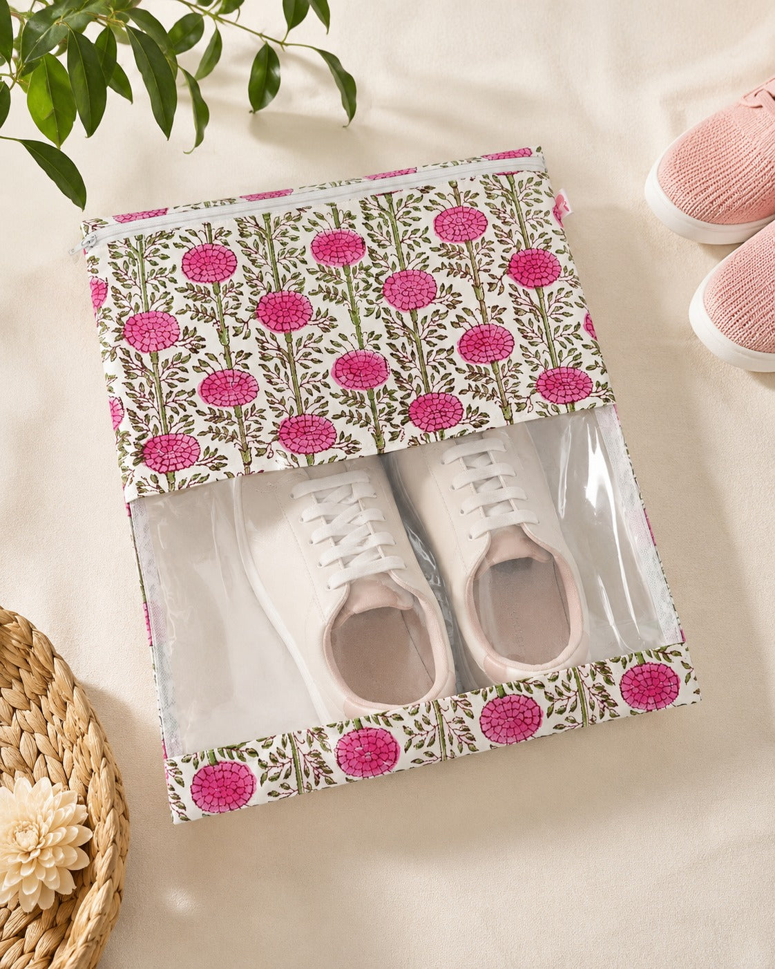 Handblock Printed Cotton Multi-Purpose Storage Pouch with Clear Window- Shoe & Clothing Organizer Bag- Set of 3/6