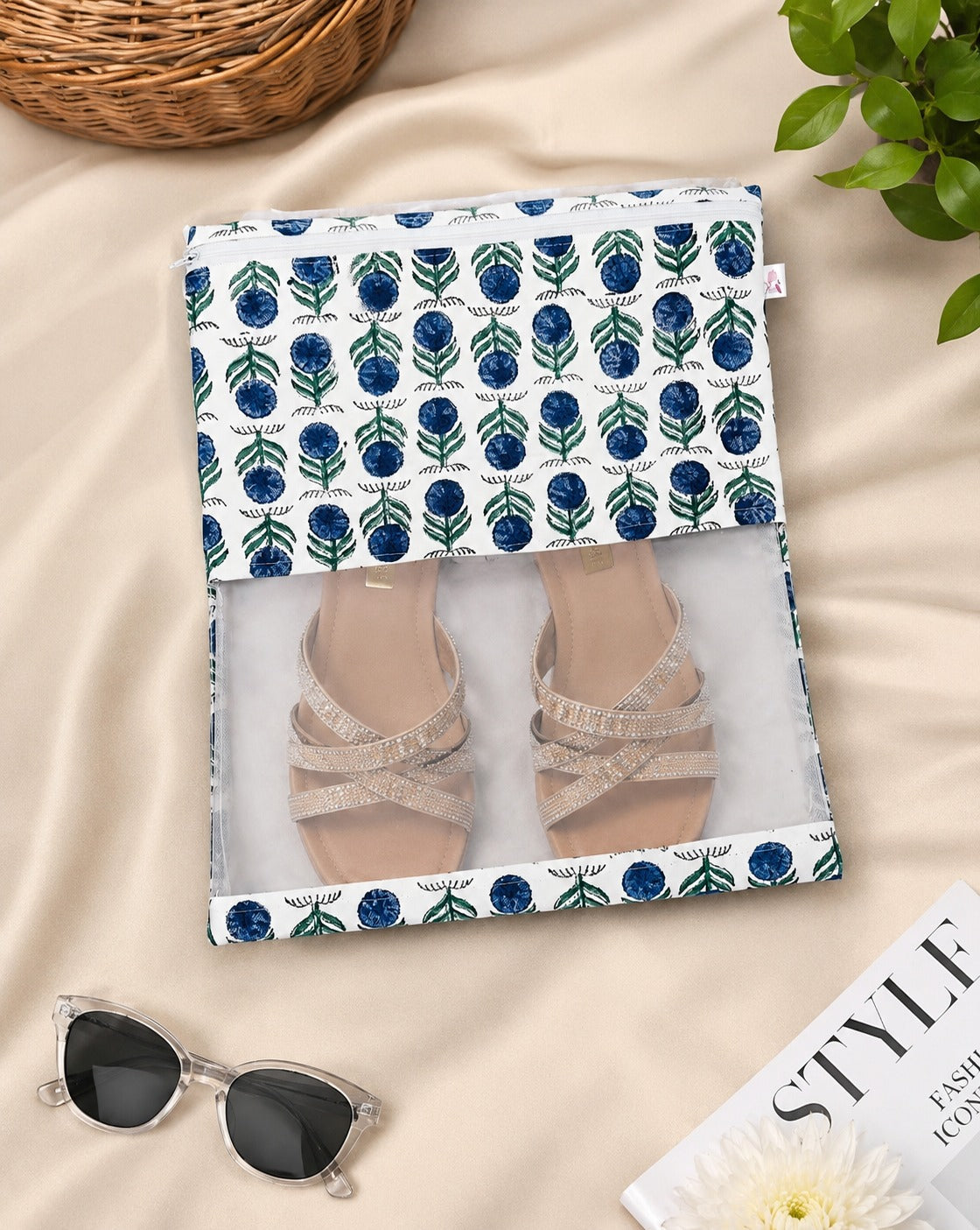 Handblock Printed Cotton Multi-Purpose Storage Pouch with Clear Window- Shoe & Clothing Organizer Bag- Set of 3/6