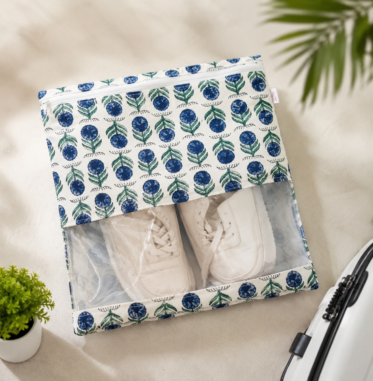 Handblock Printed Cotton Multi-Purpose Storage Pouch with Clear Window- Shoe & Clothing Organizer Bag- Set of 3/6