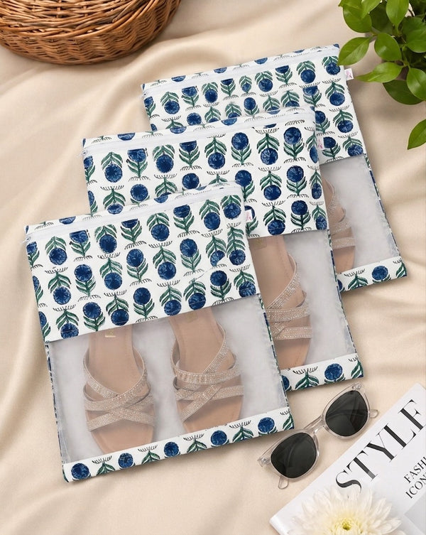 Handblock Printed Cotton Multi-Purpose Storage Pouch with Clear Window- Shoe & Clothing Organizer Bag- Set of 3/6
