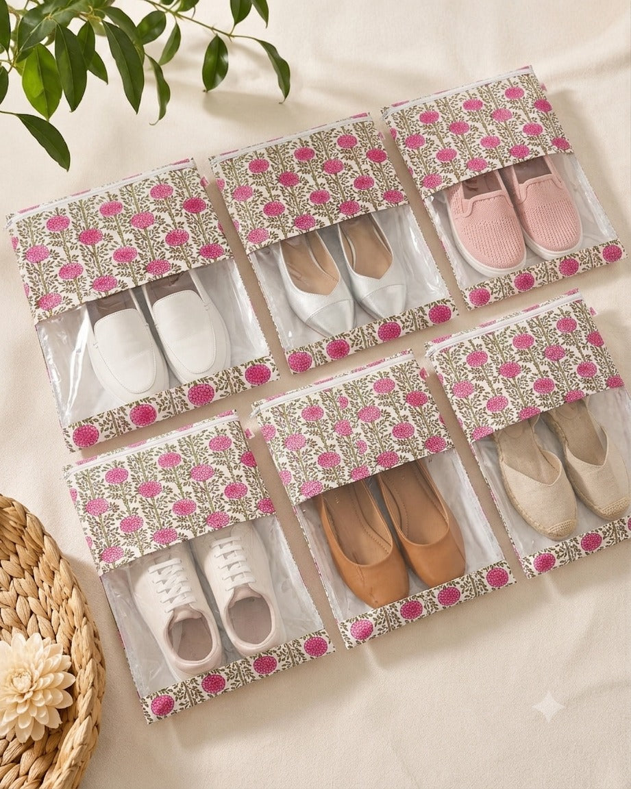 Handblock Printed Cotton Multi-Purpose Storage Pouch with Clear Window- Shoe & Clothing Organizer Bag- Set of 3/6