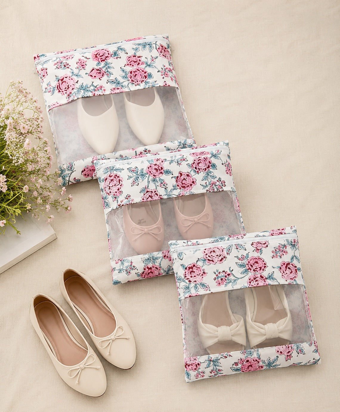 Handblock Printed Cotton Multi-Purpose Storage Pouch with Clear Window- Shoe & Clothing Organizer Bag- Set of 3/6