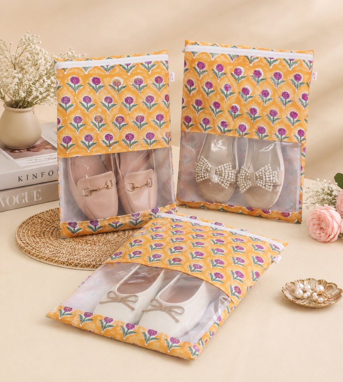 Handblock Printed Cotton Multi-Purpose Storage Pouch with Clear Window- Shoe & Clothing Organizer Bag- Set of 3/6