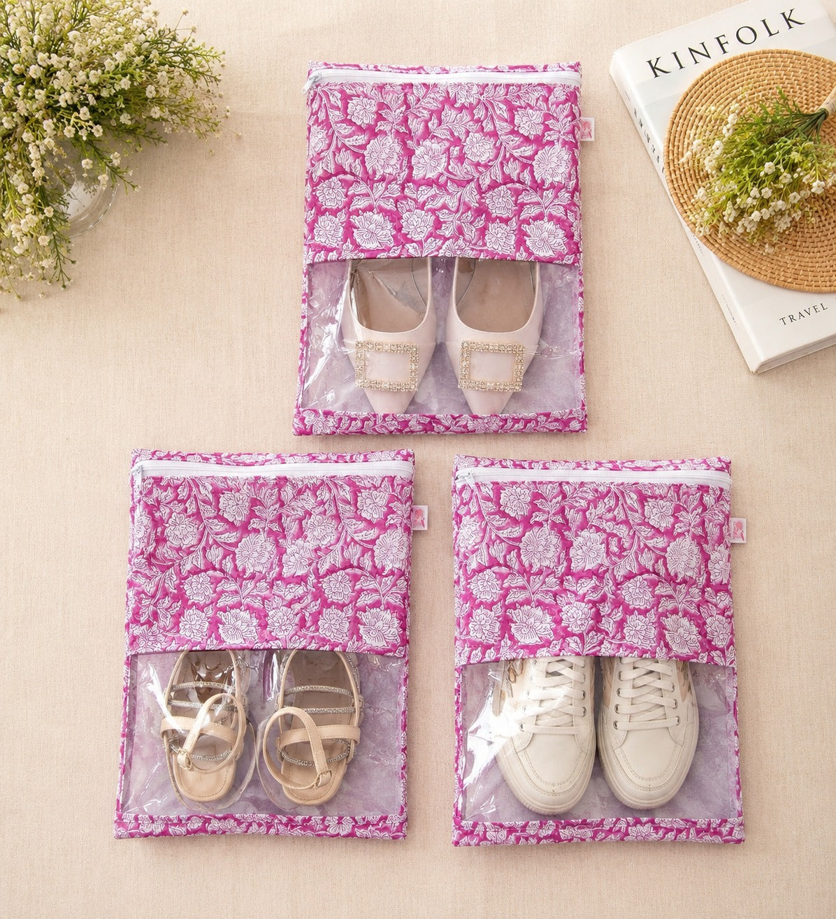 Handblock Printed Cotton Multi-Purpose Storage Pouch with Clear Window- Shoe & Clothing Organizer Bag- Set of 3/6