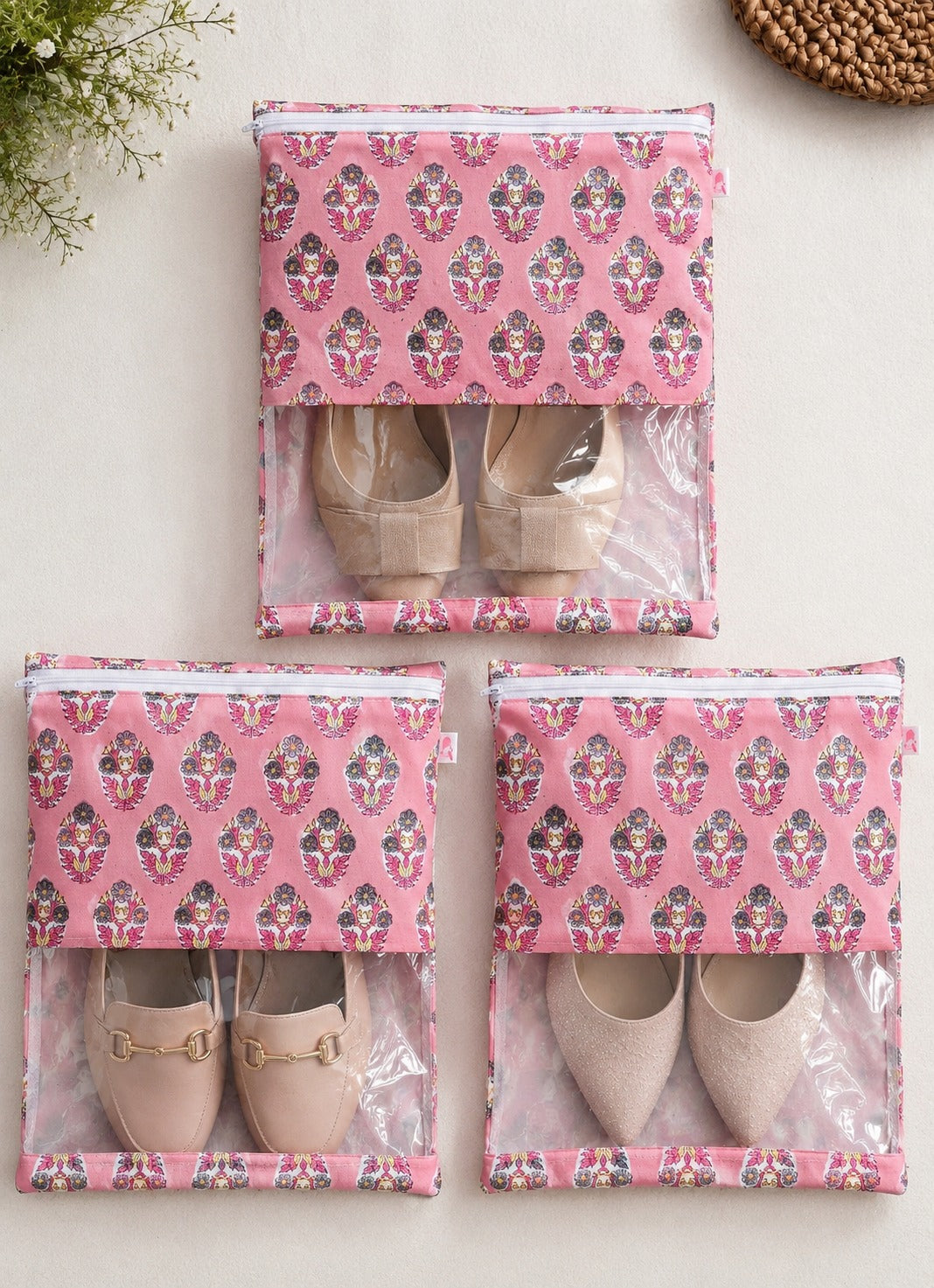 Handblock Printed Cotton Multi-Purpose Storage Pouch with Clear Window- Shoe & Clothing Organizer Bag- Set of 3/6