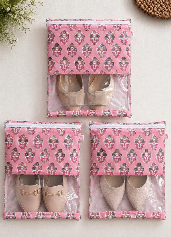 Handblock Printed Cotton Multi-Purpose Storage Pouch with Clear Window- Shoe & Clothing Organizer Bag- Set of 3/6
