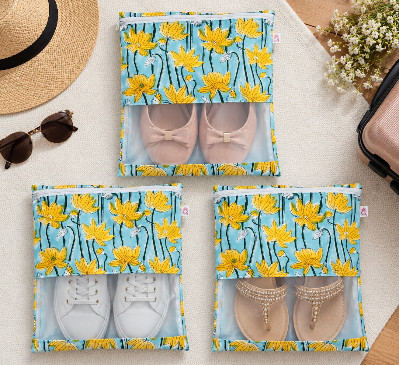 Handblock Printed Cotton Multi-Purpose Storage Pouch with Clear Window- Shoe & Clothing Organizer Bag- Set of 3/6