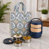 Handblock Printed Insulated Lunch Bag in Canvas Cotton with Zipper Closure (10*14*5  inches)