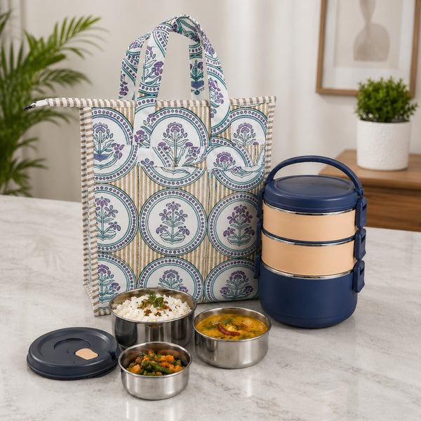 Handblock Printed Insulated Lunch Bag in Canvas Cotton with Zipper Closure (10*14*5  inches)