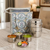 Handblock Printed Insulated Lunch Bag in Canvas Cotton with Zipper Closure (10*14*5  inches)