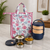 Handblock Printed Insulated Lunch Bag in Canvas Cotton with Zipper Closure (10*14*5  inches)
