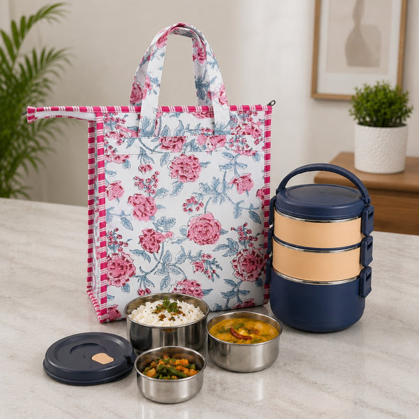 Handblock Printed Insulated Lunch Bag in Canvas Cotton with Zipper Closure (10*14*5  inches)