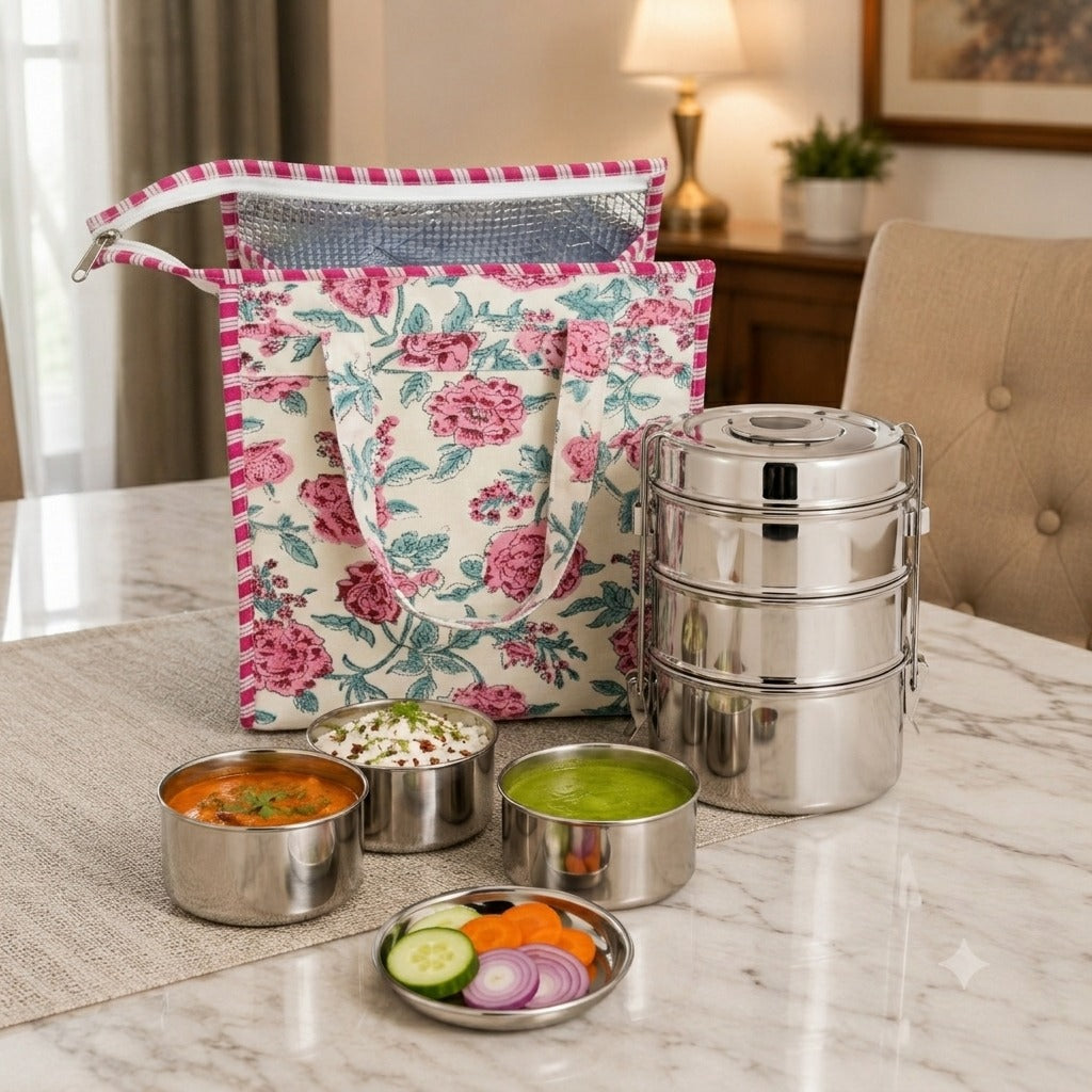 Handblock Printed Insulated Lunch Bag in Canvas Cotton with Zipper Closure (10*14*5  inches)