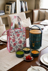 Handblock Printed Insulated Lunch Bag in Canvas Cotton with Zipper Closure (10*14*5  inches)