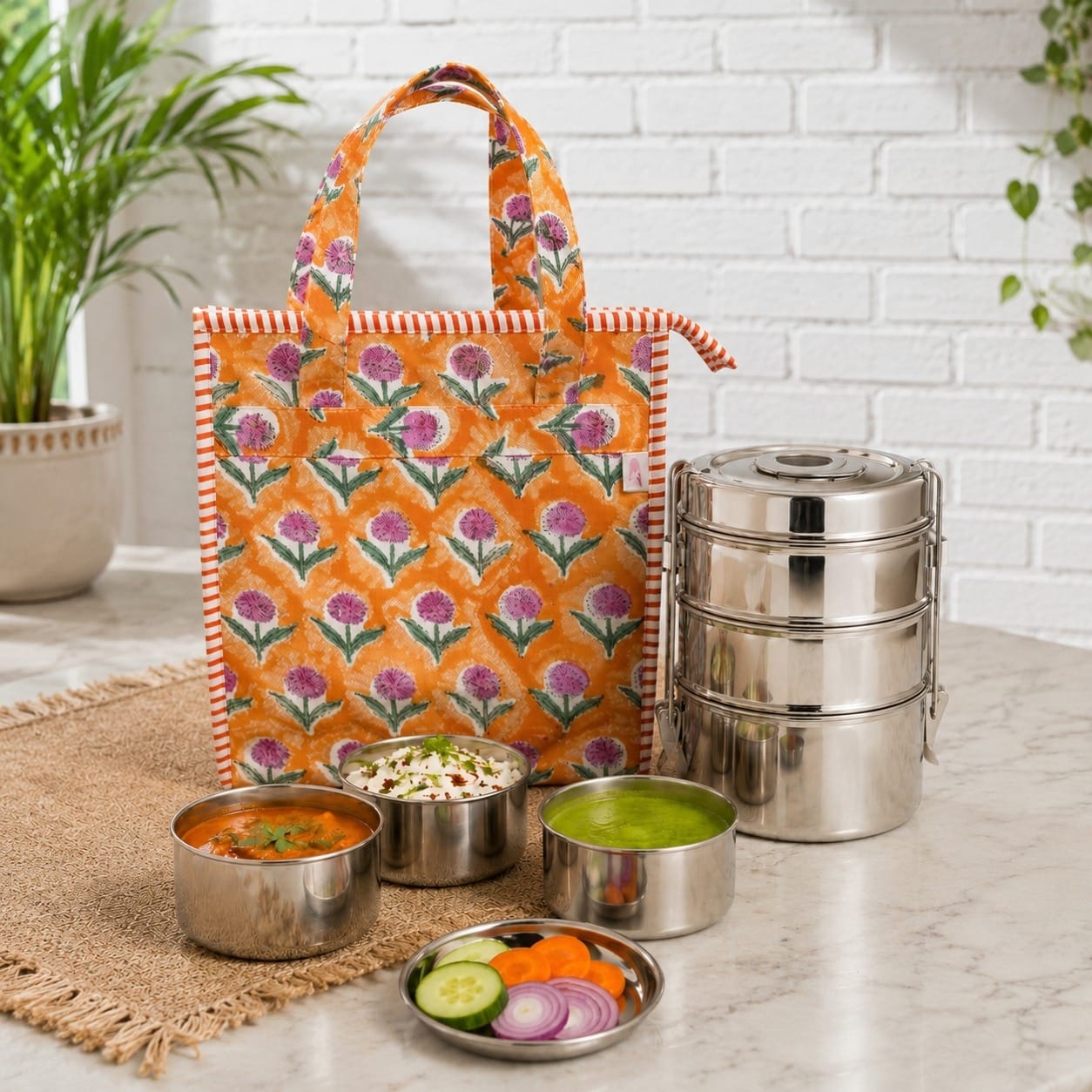 Handblock Printed Insulated Lunch Bag in Canvas Cotton with Zipper Closure (10*14*5  inches)