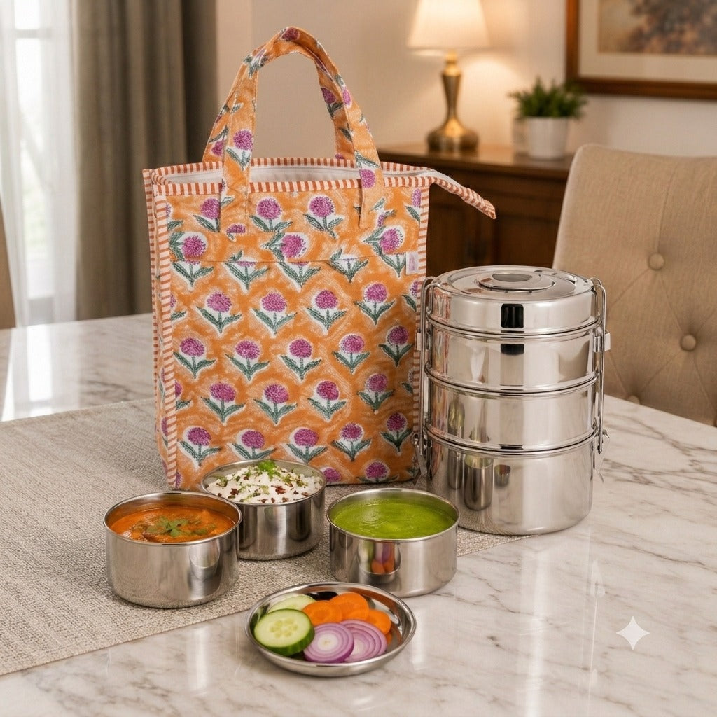 Handblock Printed Insulated Lunch Bag in Canvas Cotton with Zipper Closure (10*14*5  inches)