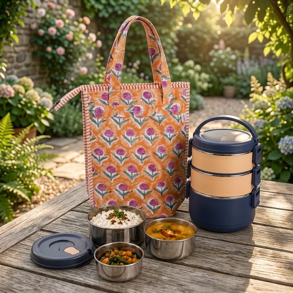 Handblock Printed Insulated Lunch Bag in Canvas Cotton with Zipper Closure (10*14*5  inches)
