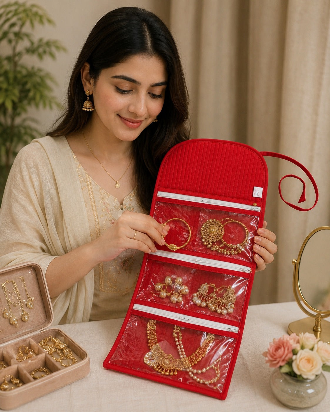 Handcrafted Travel Jewelry Organizer Roll | Artisan Fabric Jewelry Pouch