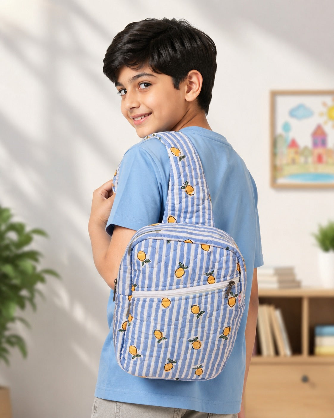 Handblock Printed Cotton Kids’ One Strap Backpack with Adjustable Straps