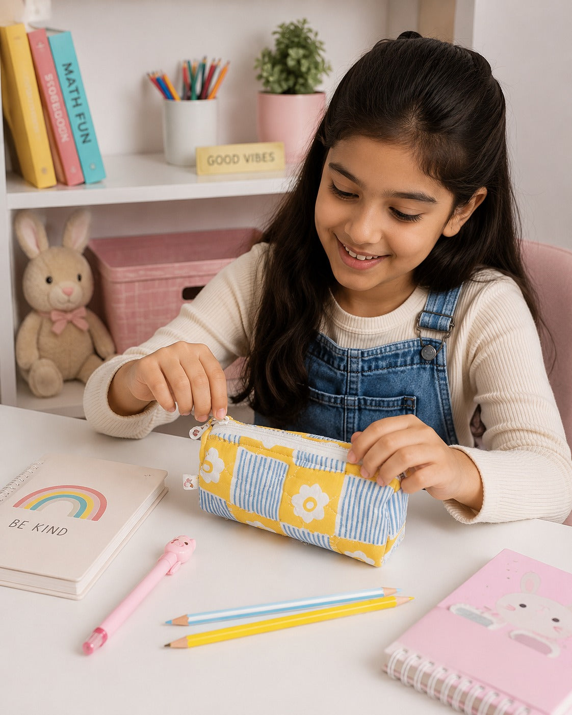 Handblock Printed Cotton Pencil Box Pouch with Zip Closure