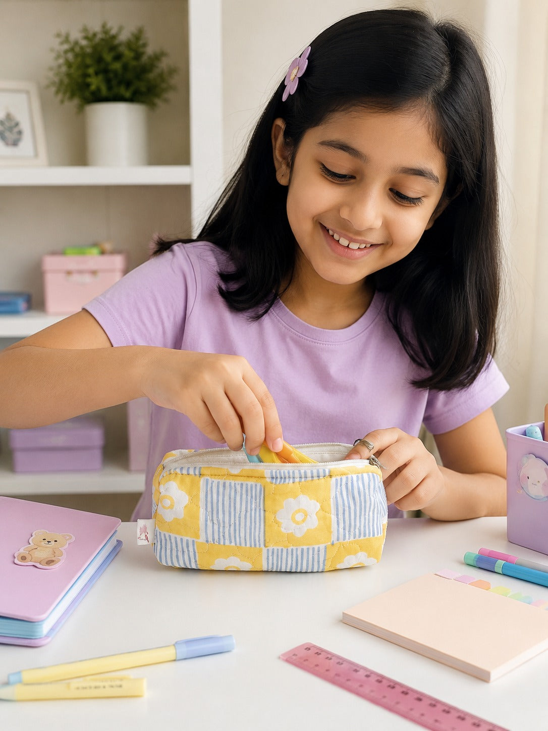 Handblock Printed Cotton Pencil Box Pouch with Zip Closure