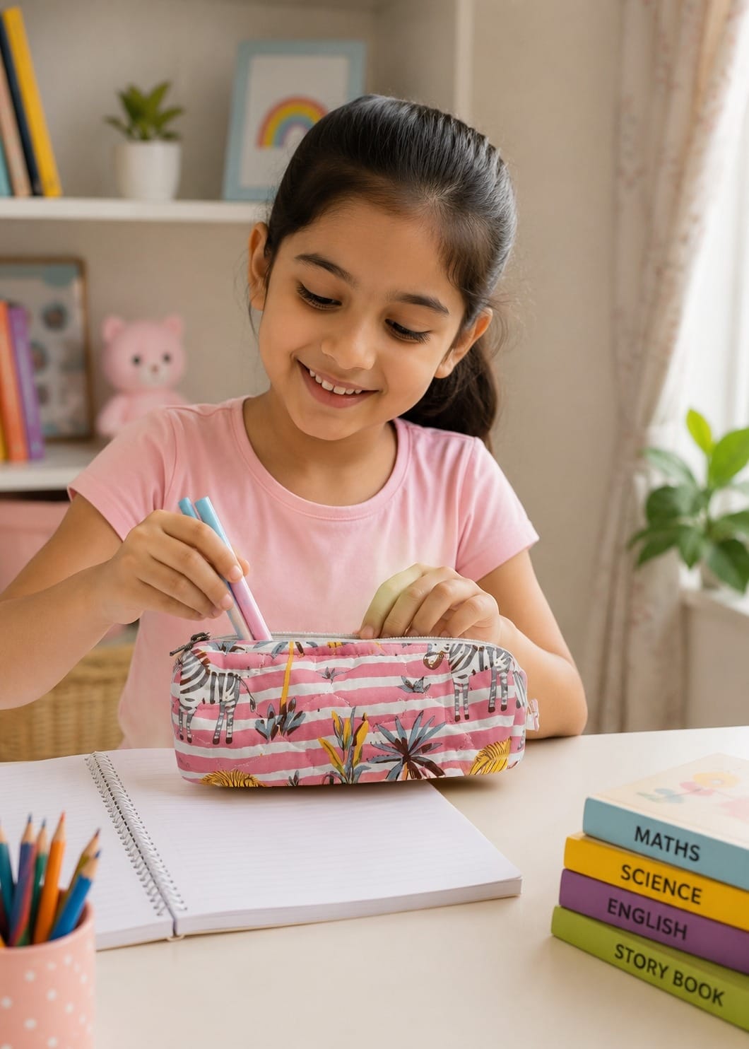 Handblock Printed Cotton Pencil Box Pouch with Zip Closure