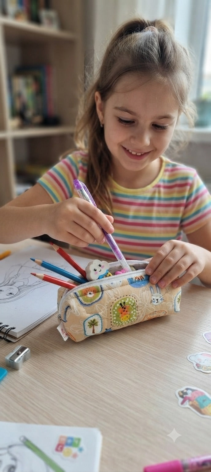 Handblock Printed Cotton Pencil Box Pouch with Zip Closure