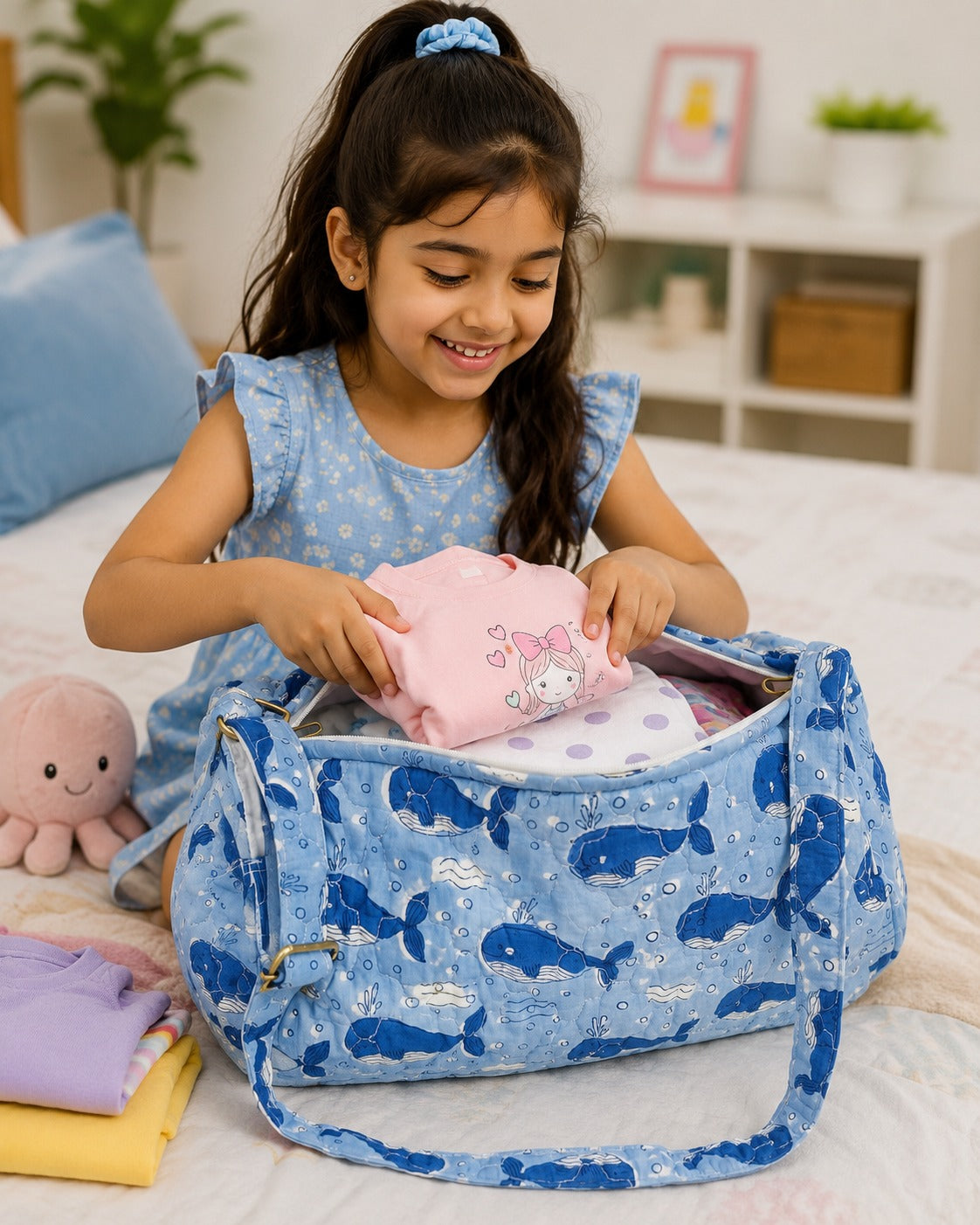 Handblock Printed Cotton Kids’ Duffle Bag with Adjustable Strap