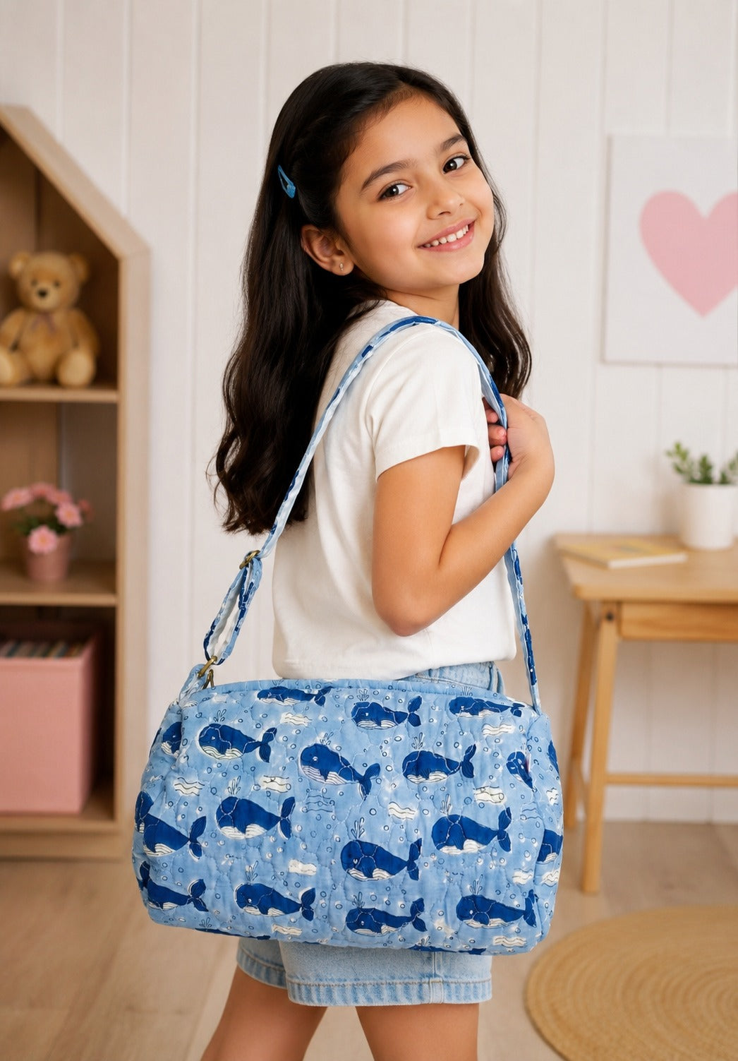 Handblock Printed Cotton Kids’ Duffle Bag with Adjustable Strap
