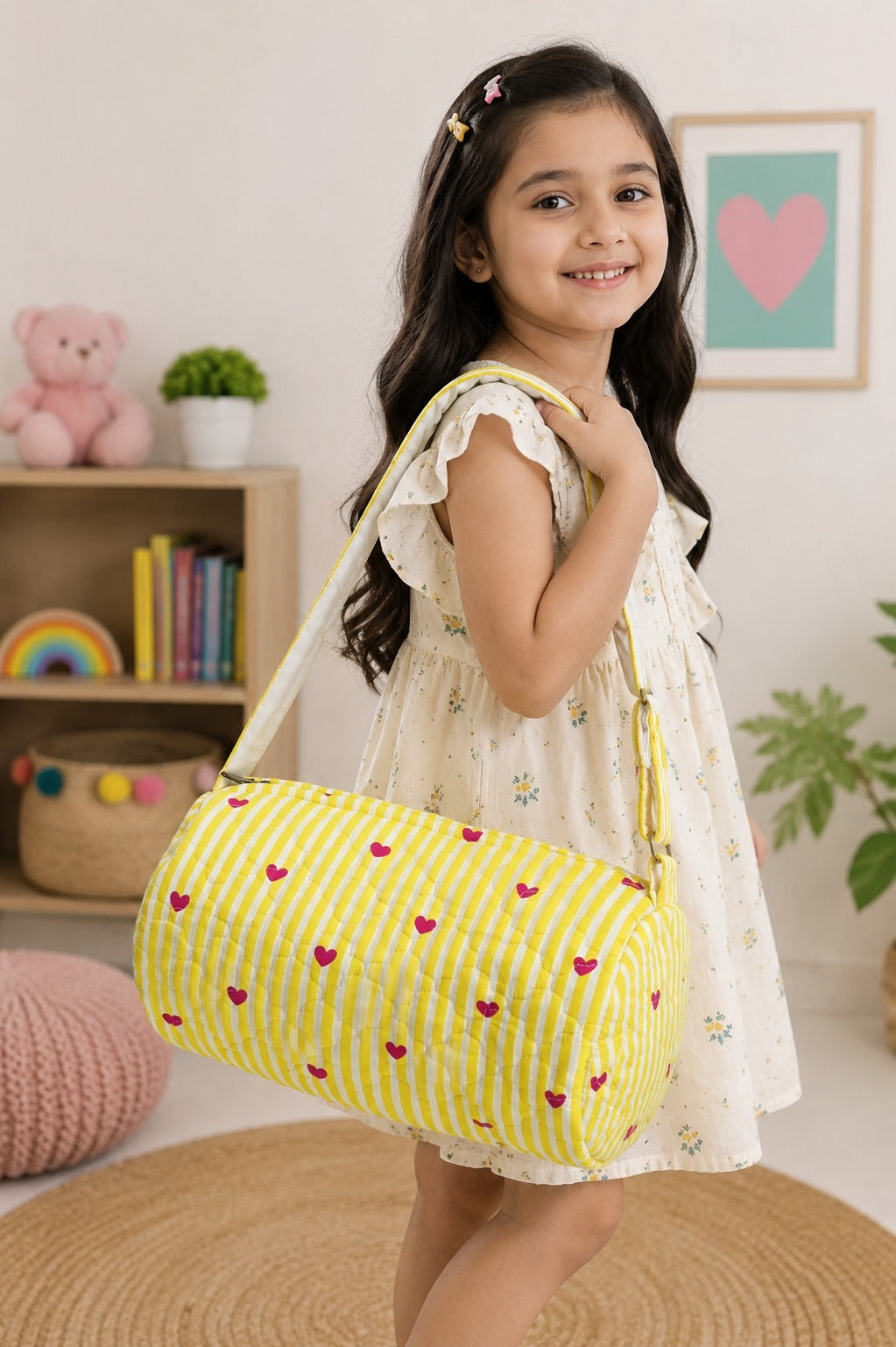 Handblock Printed Cotton Kids’ Duffle Bag with Adjustable Strap