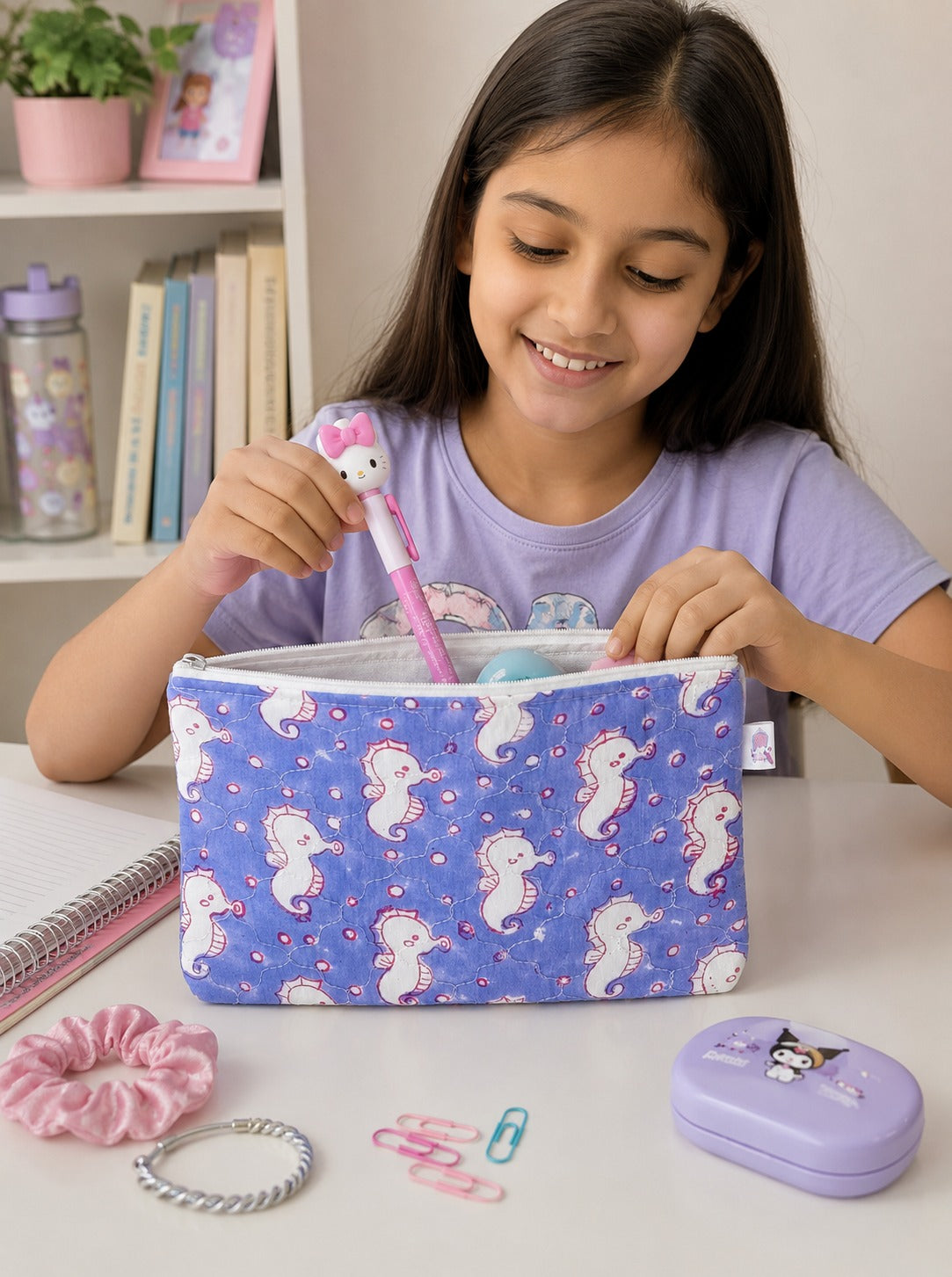 Handblock Printed Cotton Kids’ Flat Pouch with Zip Closure