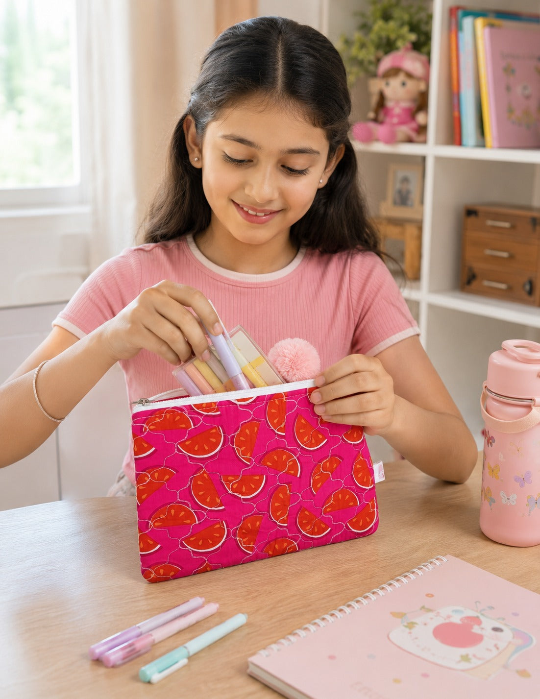 Handblock Printed Cotton Kids’ Flat Pouch with Zip Closure